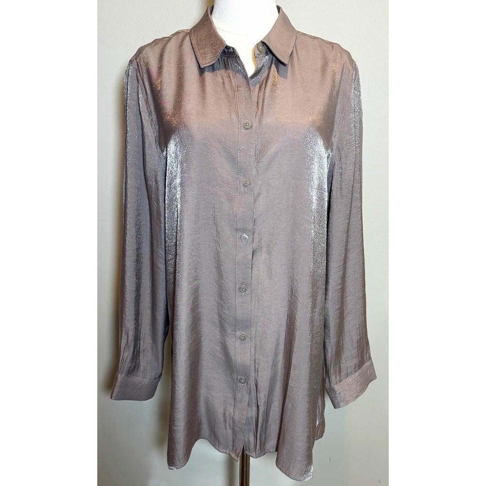 Chico's Solid Button-Up Collared Long Sleeve Top Women Size 2 Shimmer Shine